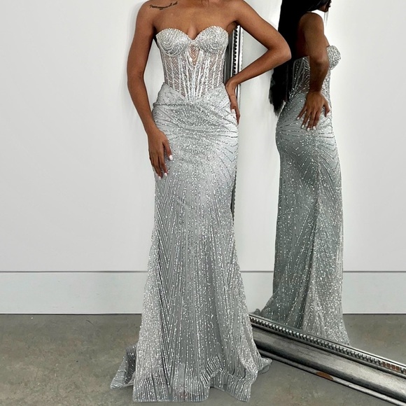 Alglist Dresses & Skirts - Alglist Silver Embellished Strapless Prom Gown NWT